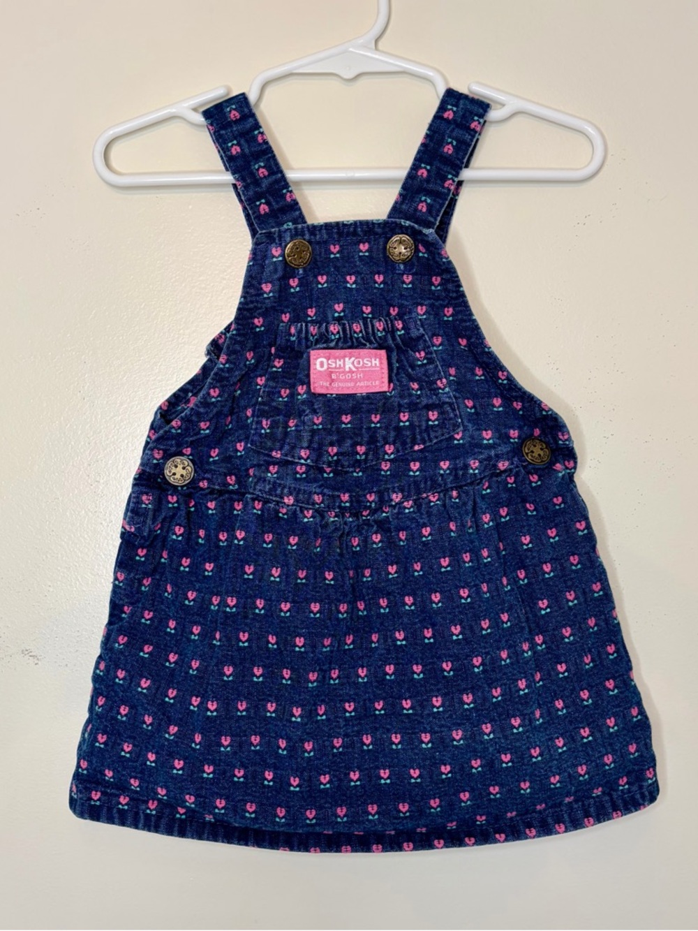 Vintage Y2K OshKosh B'gosh denim overall dress pink floral/tulip pattern 24mo
